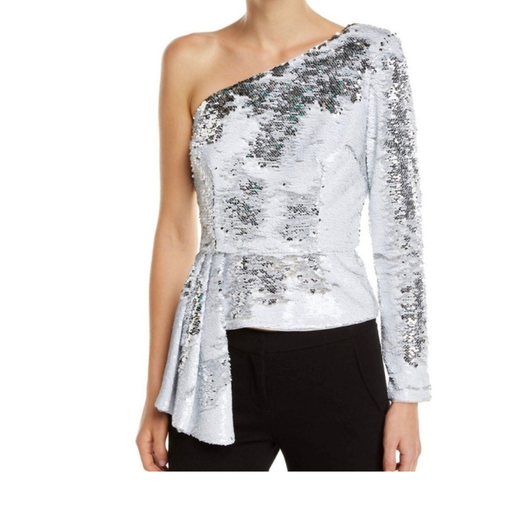 Aiden by Aidan Mattox Medium White Silver Sequin One Shoulder Top Long Sleeve
